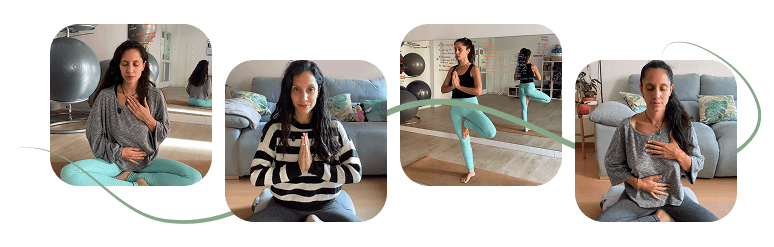 Collage de cuatro fotos de Gema practicando yoga prenatal y posparto en su estudio