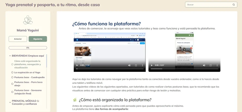 Captura de la plataforma online de Mamá Yoguini