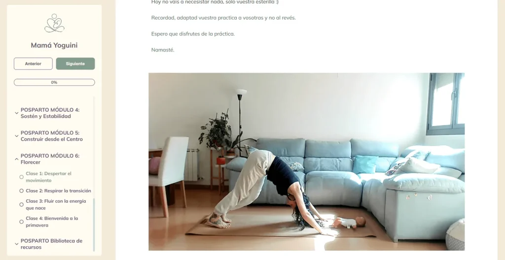 Vista de un módulo de la plataforma online de Mamá Yoguini