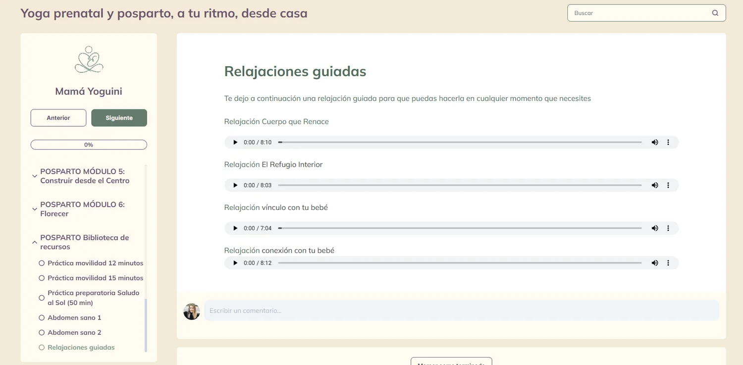 Vista de otro apartado de la plataforma online de Mamá Yoguini